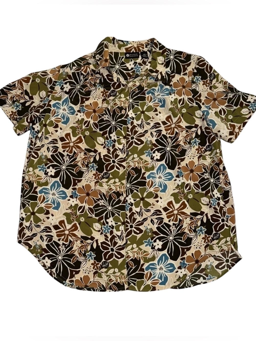 Maggie Barnes Floral Button Front Blouse Womens 20W Brown Blue Green Plus Top